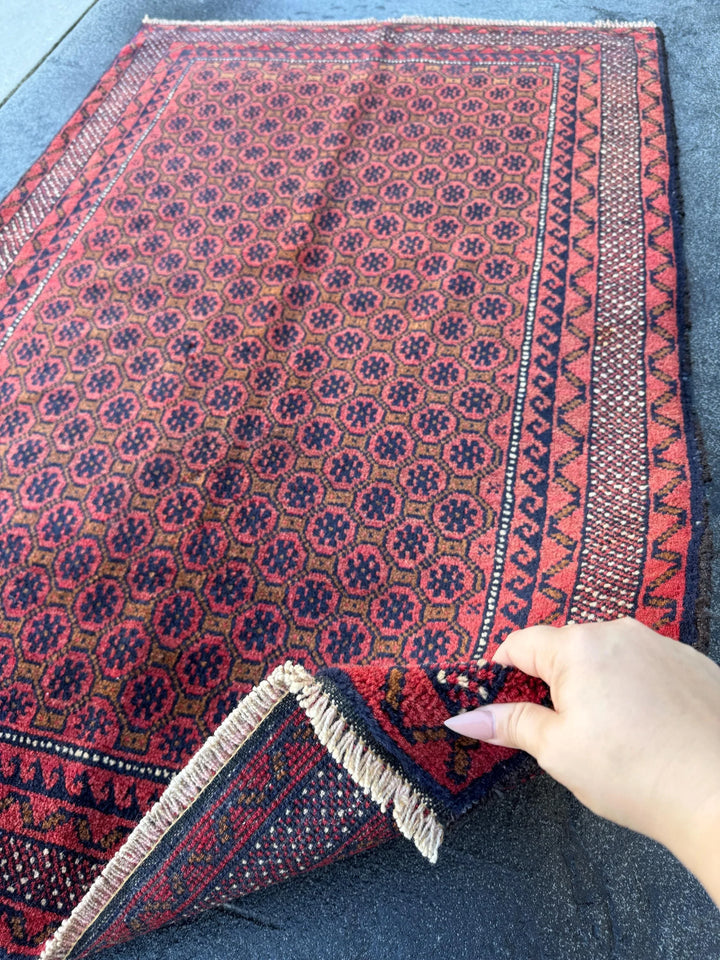 3x4-5 (91x152) Handmade Vintage Afghan Baluch Rug | Crimson Brick Burgundy Red Black Coffee Caramel Beige Brown Midnight Navy Blue White
