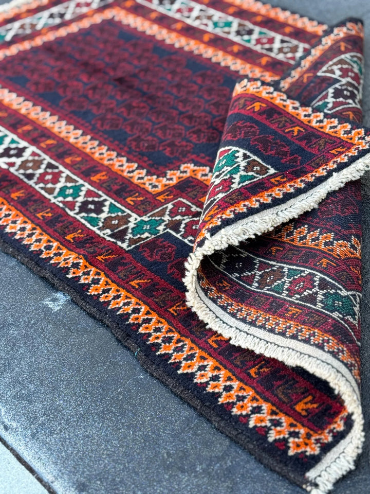 3x5 (91x152) Handmade Vintage Afghan Baluch Rug | Auburn Burgundy Blood Red Orange Forest Green Coffee Brown White Ivory Black Midnight Blue