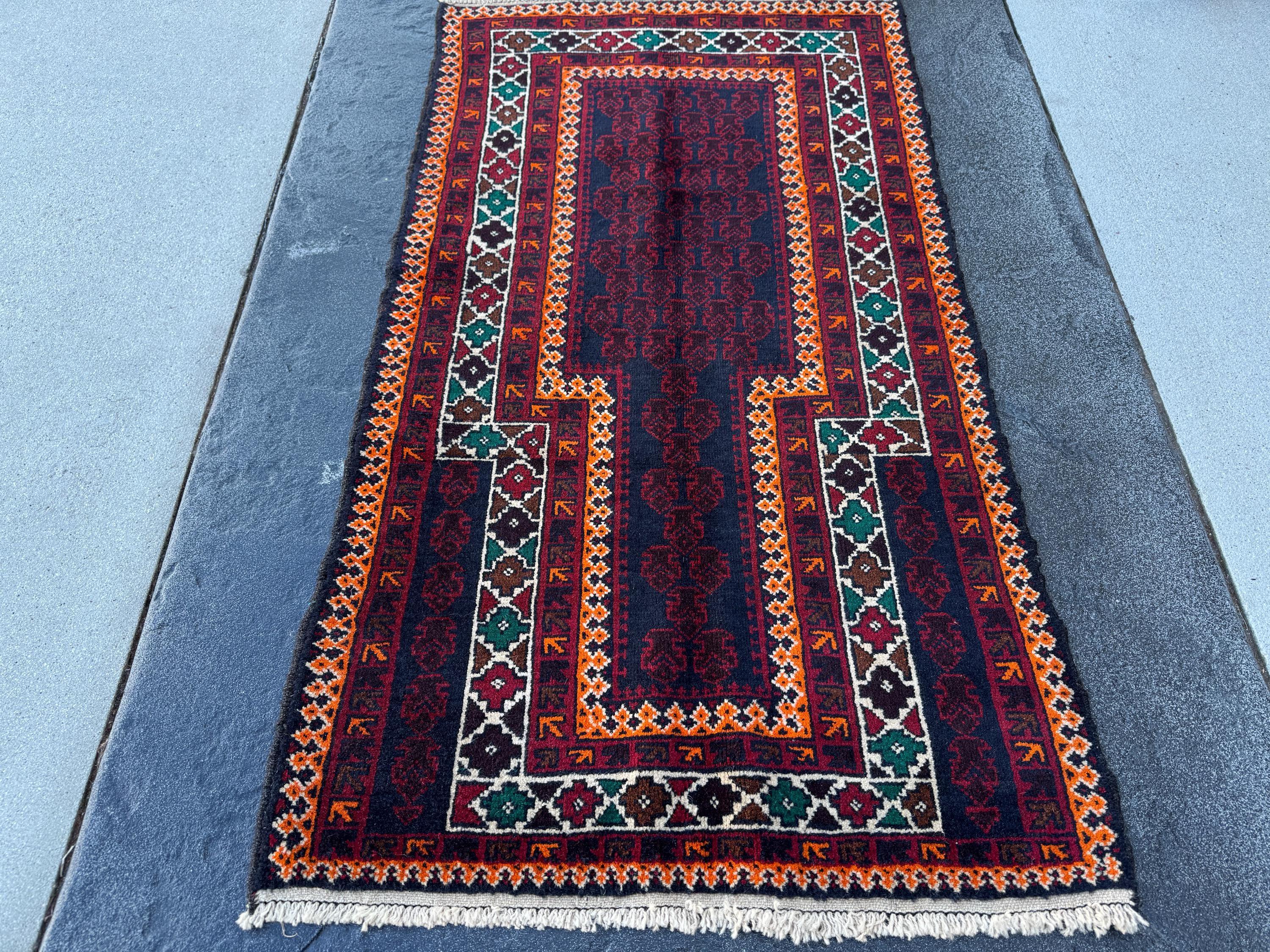 3x5 (91x152) Handmade Vintage Afghan Baluch Rug | Auburn Burgundy Blood Red Orange Forest Green Coffee Brown White Ivory Black Midnight Blue