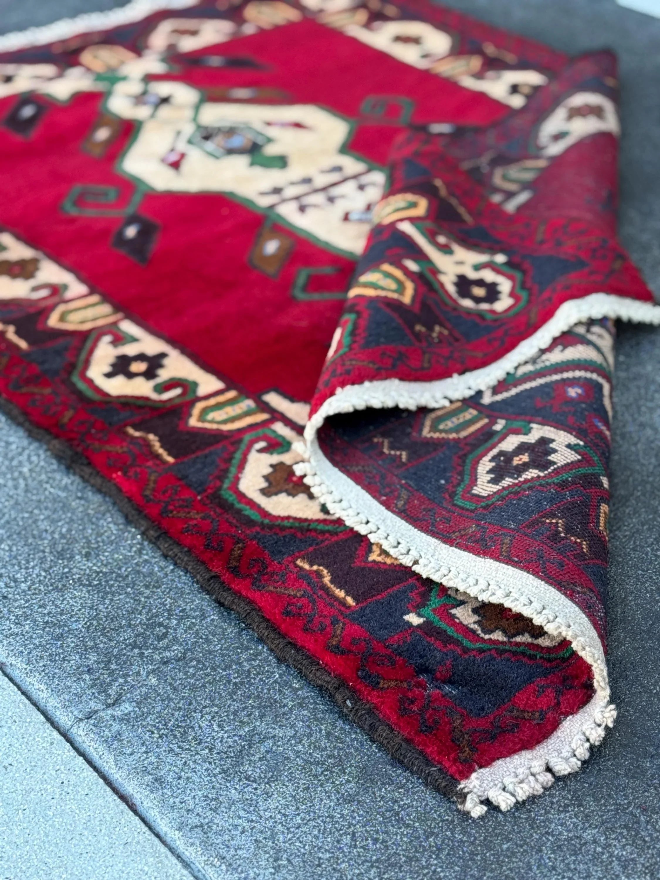 3x5 (91x152) Handmade Vintage Afghan Baluch Rug | Blood Burgundy Red Midnight Navy Powder Blue Cream Coffee Tan Brown Forest Green Black