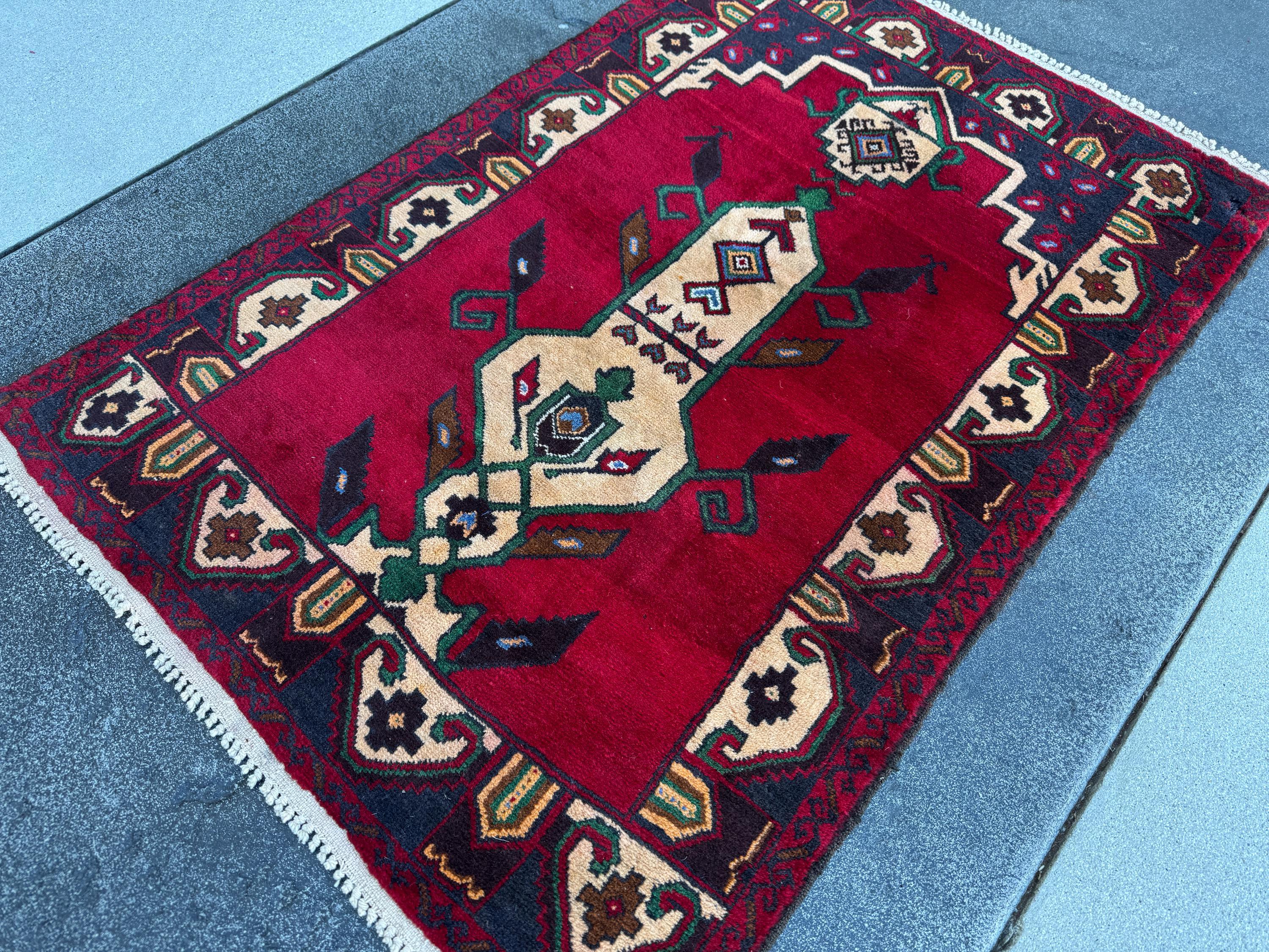 3x5 (91x152) Handmade Vintage Afghan Baluch Rug | Blood Burgundy Red Midnight Navy Powder Blue Cream Coffee Tan Brown Forest Green Black