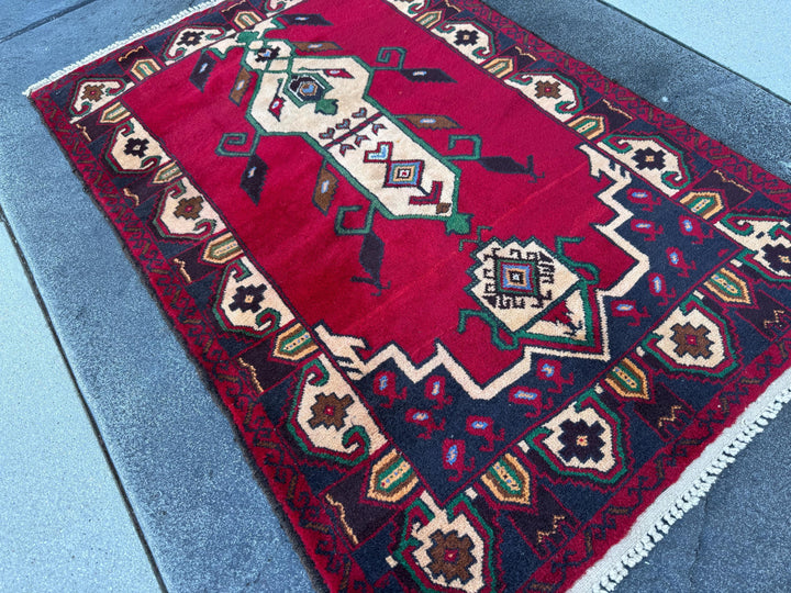 3x5 (91x152) Handmade Vintage Afghan Baluch Rug | Blood Burgundy Red Midnight Navy Powder Blue Cream Coffee Tan Brown Forest Green Black