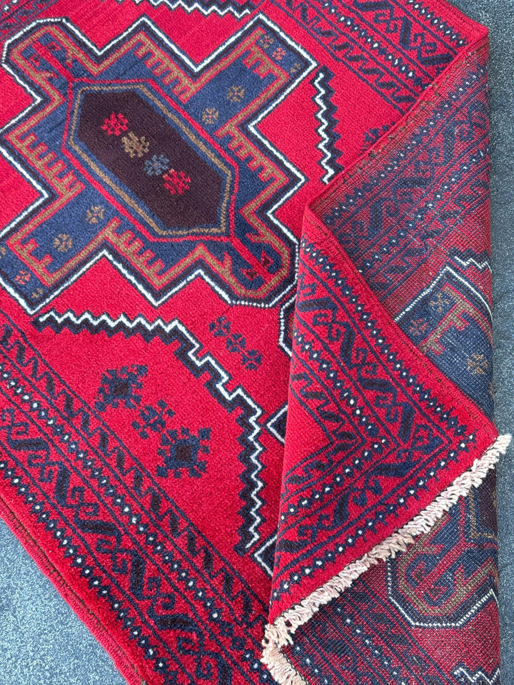 3x4 (91x121) Handmade Vintage Afghan Baluch Rug | Crimson Auburn Wine Red Midnight Navy Blue Coffee Brown Black White Ivory Cream | Wool