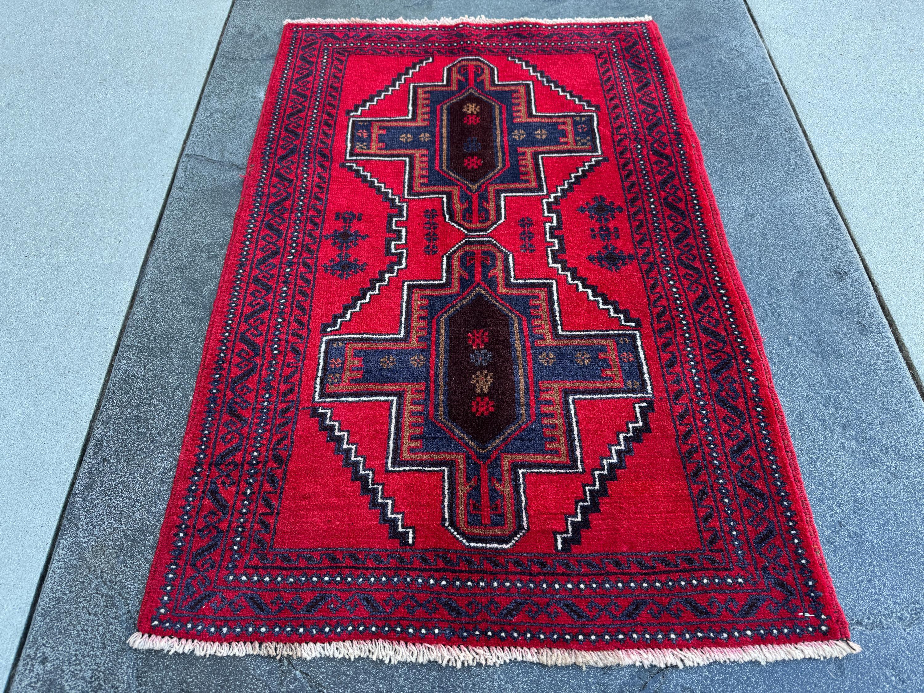 3x4 (91x121) Handmade Vintage Afghan Baluch Rug | Crimson Auburn Wine Red Midnight Navy Blue Coffee Brown Black White Ivory Cream | Wool