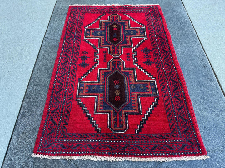 3x4 (91x121) Handmade Vintage Afghan Baluch Rug | Crimson Auburn Wine Red Midnight Navy Blue Coffee Brown Black White Ivory Cream | Wool