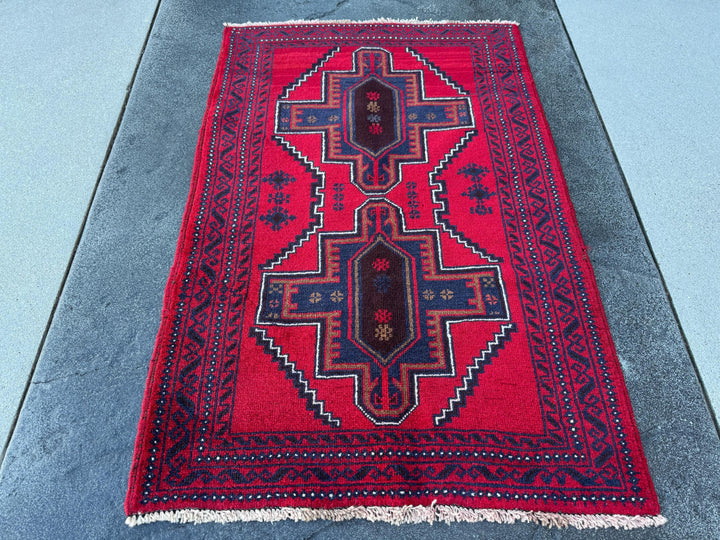 3x4 (91x121) Handmade Vintage Afghan Baluch Rug | Crimson Auburn Wine Red Midnight Navy Blue Coffee Brown Black White Ivory Cream | Wool