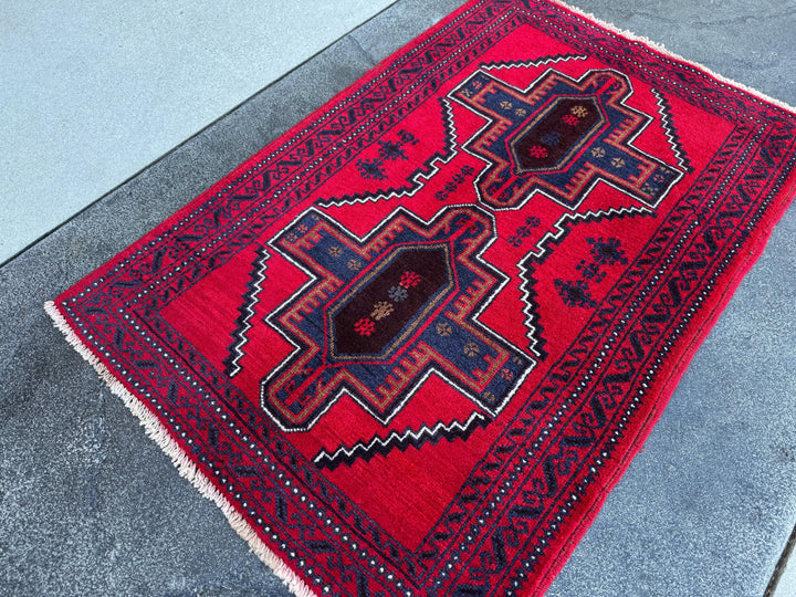 3x4 (91x121) Handmade Vintage Afghan Baluch Rug | Crimson Auburn Wine Red Midnight Navy Blue Coffee Brown Black White Ivory Cream | Wool