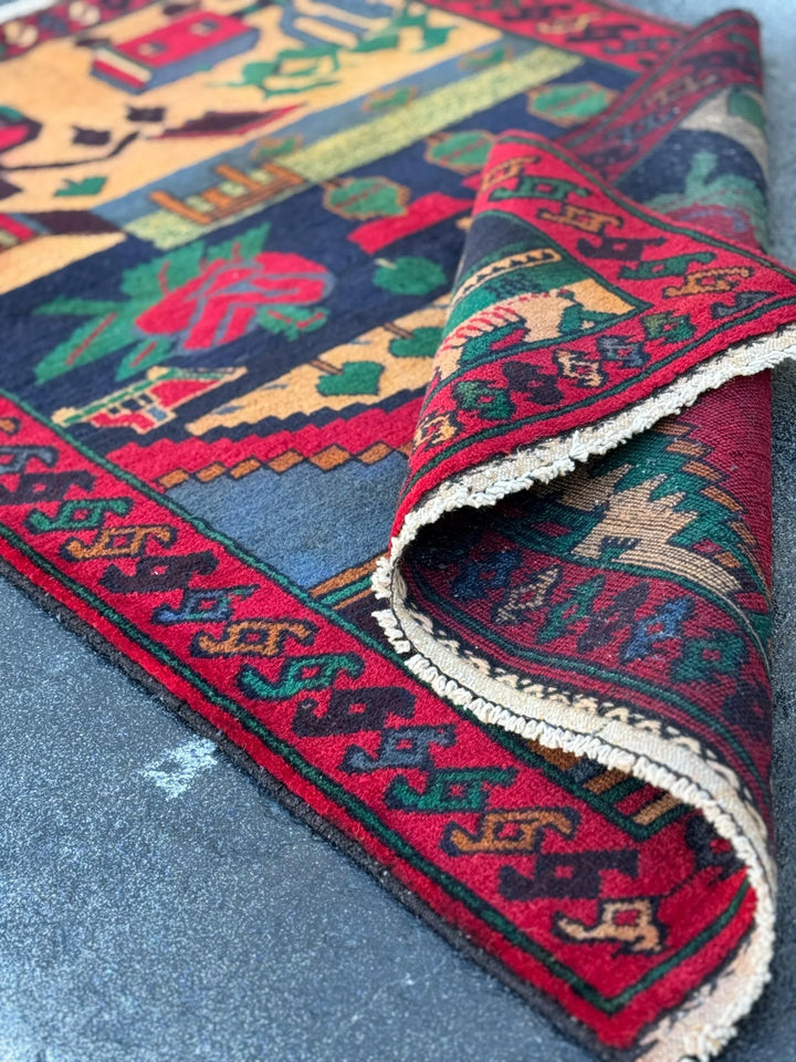 3x5 (91x152) Handmade Vintage Afghan Baluch Rug | Blood Crimson Red Black Navy Prussian Blue Forest Moss Green Peach Orange Cream Black Wool