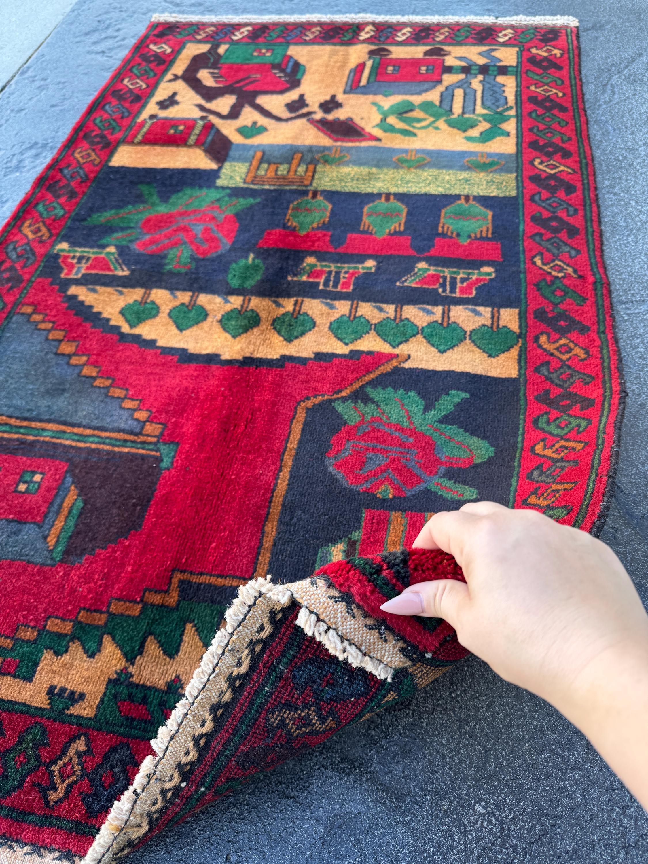 3x5 (91x152) Handmade Vintage Afghan Baluch Rug | Blood Crimson Red Black Navy Prussian Blue Forest Moss Green Peach Orange Cream Black Wool