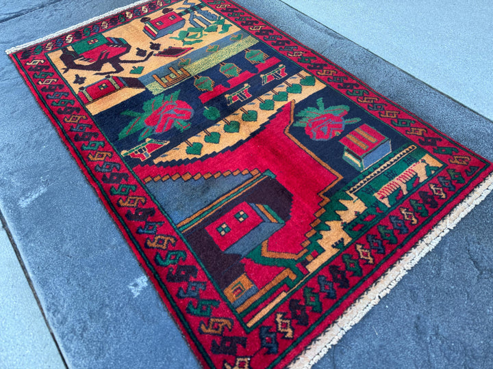 3x5 (91x152) Handmade Vintage Afghan Baluch Rug | Blood Crimson Red Black Navy Prussian Blue Forest Moss Green Peach Orange Cream Black Wool