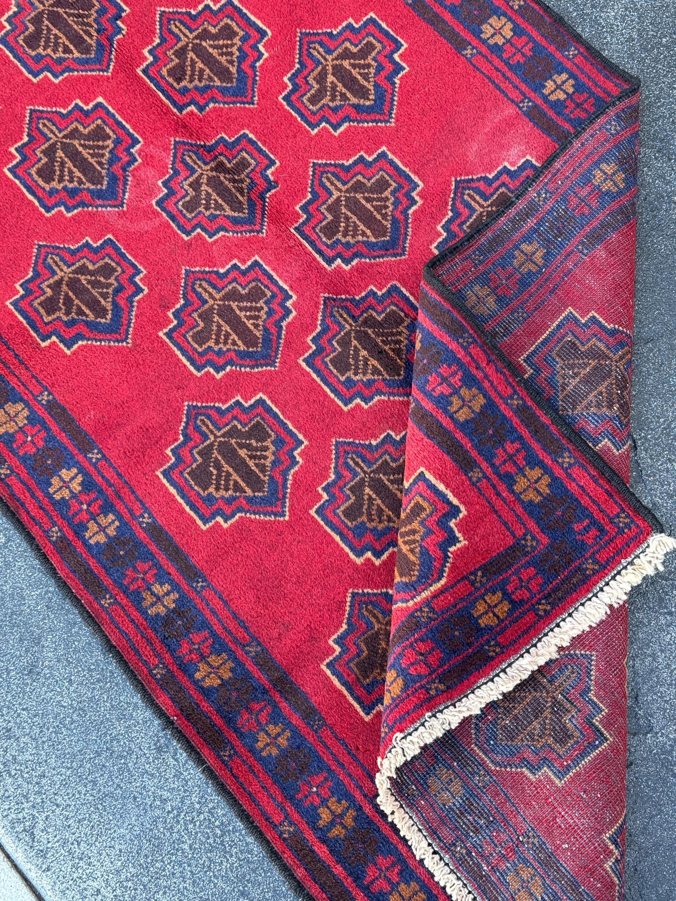 3x5 (91x152) Handmade Vintage Afghan Baluch Rug | Crimson Brick Burgundy Red Navy Blue Caramel Tan Brown White Ivory Cream | Wool