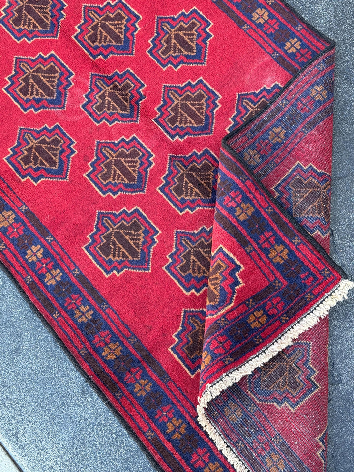 3x5 (91x152) Handmade Vintage Afghan Baluch Rug | Crimson Brick Burgundy Red Navy Blue Caramel Tan Brown White Ivory Cream | Wool