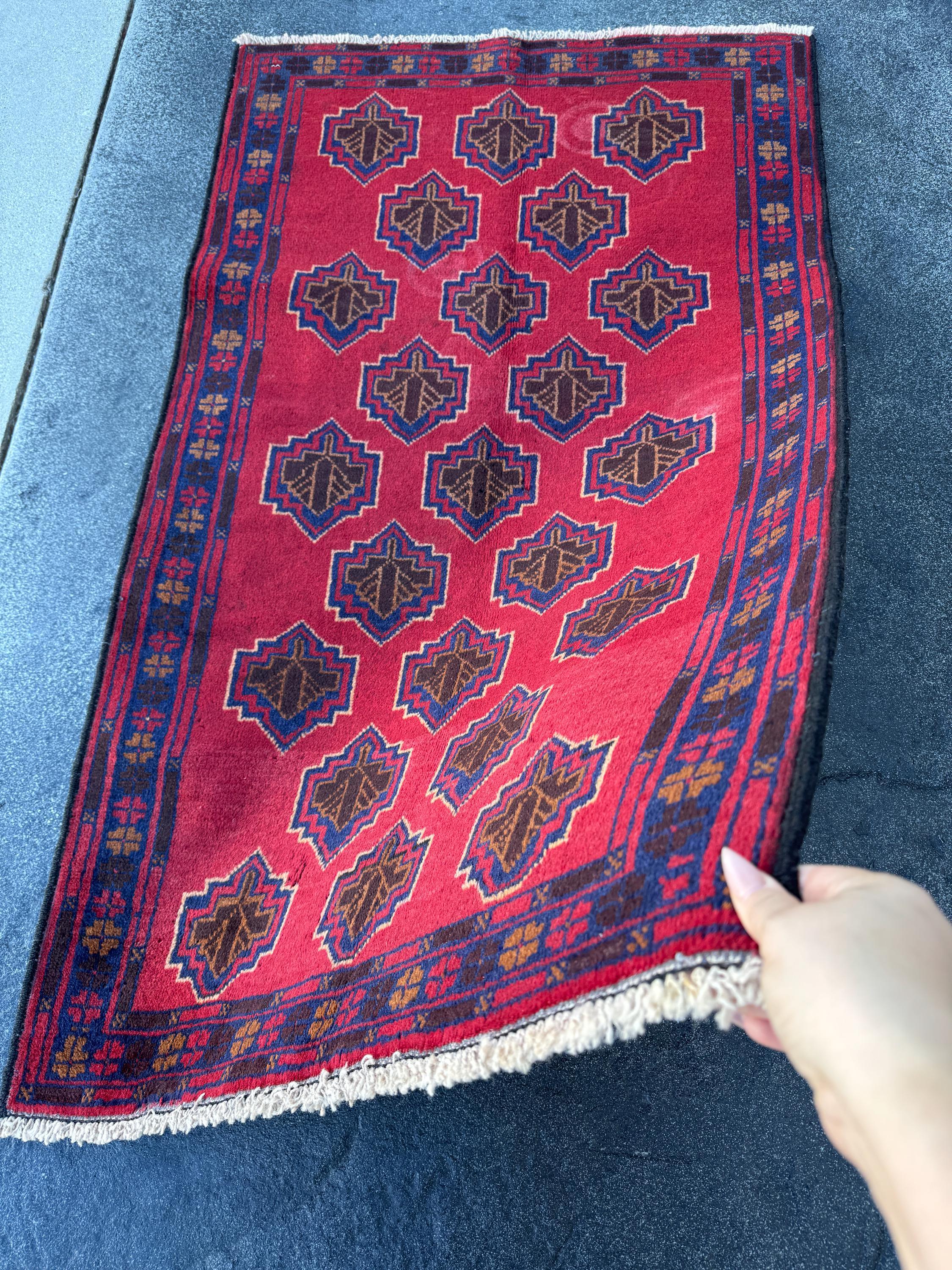 3x5 (91x152) Handmade Vintage Afghan Baluch Rug | Crimson Brick Burgundy Red Navy Blue Caramel Tan Brown White Ivory Cream | Wool