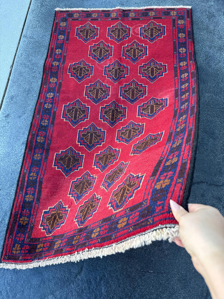 3x5 (91x152) Handmade Vintage Afghan Baluch Rug | Crimson Brick Burgundy Red Navy Blue Caramel Tan Brown White Ivory Cream | Wool