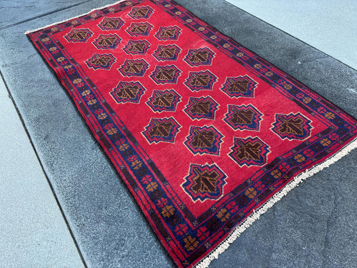 3x5 (91x152) Handmade Vintage Afghan Baluch Rug | Crimson Brick Burgundy Red Navy Blue Caramel Tan Brown White Ivory Cream | Wool