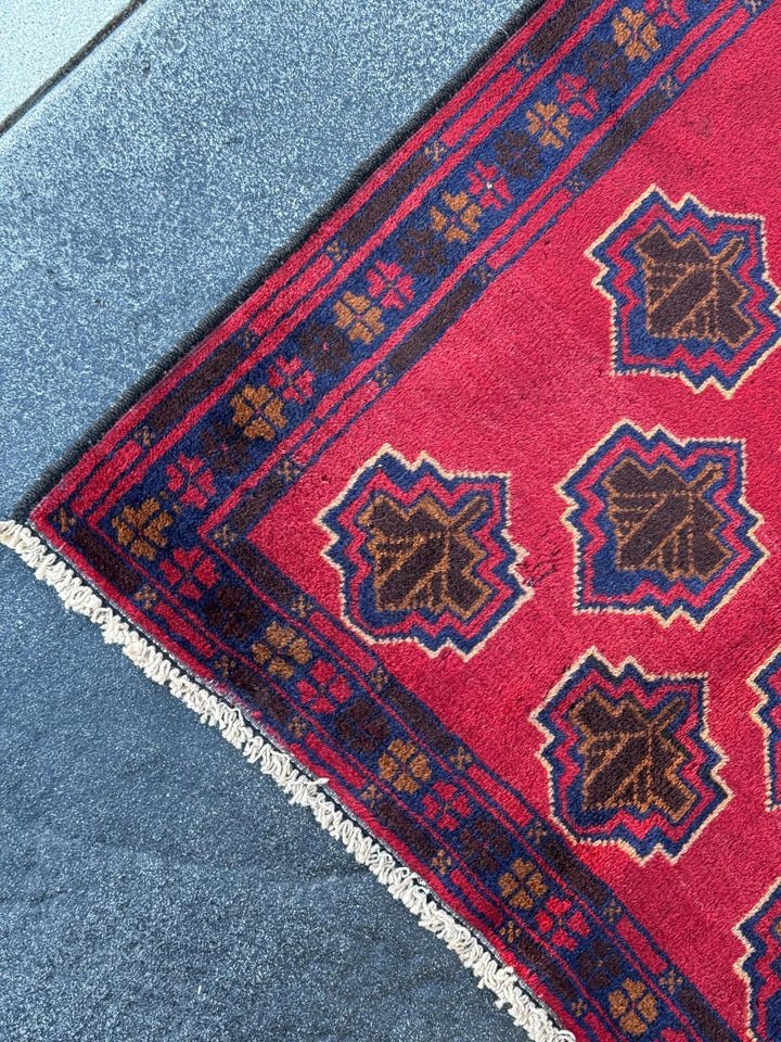 3x5 (91x152) Handmade Vintage Afghan Baluch Rug | Crimson Brick Burgundy Red Navy Blue Caramel Tan Brown White Ivory Cream | Wool