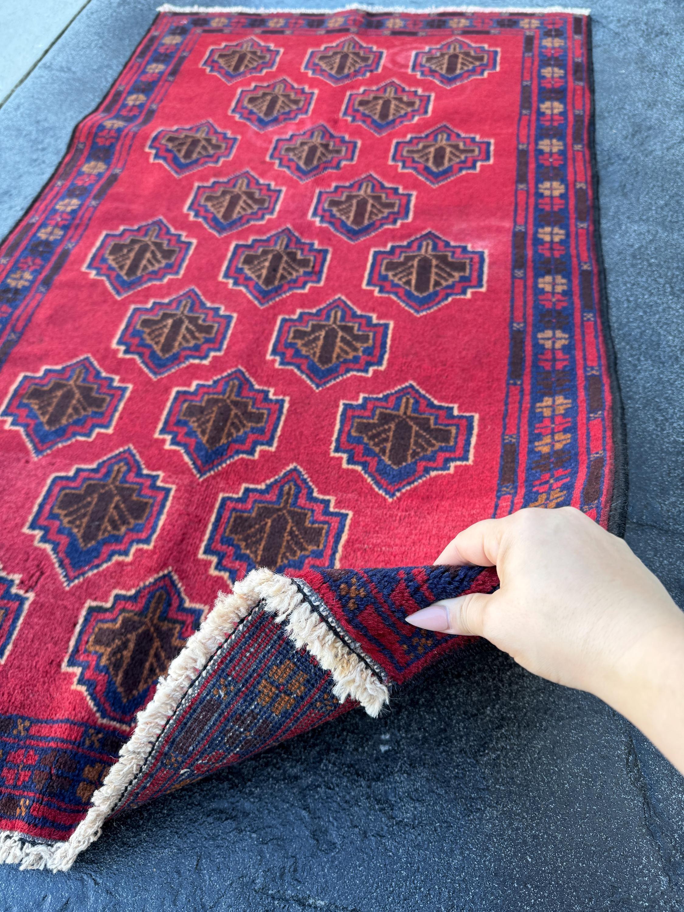 3x5 (91x152) Handmade Vintage Afghan Baluch Rug | Crimson Brick Burgundy Red Navy Blue Caramel Tan Brown White Ivory Cream | Wool