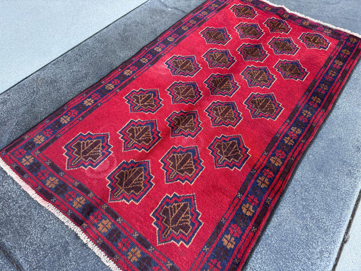 3x5 (91x152) Handmade Vintage Afghan Baluch Rug | Crimson Brick Burgundy Red Navy Blue Caramel Tan Brown White Ivory Cream | Wool