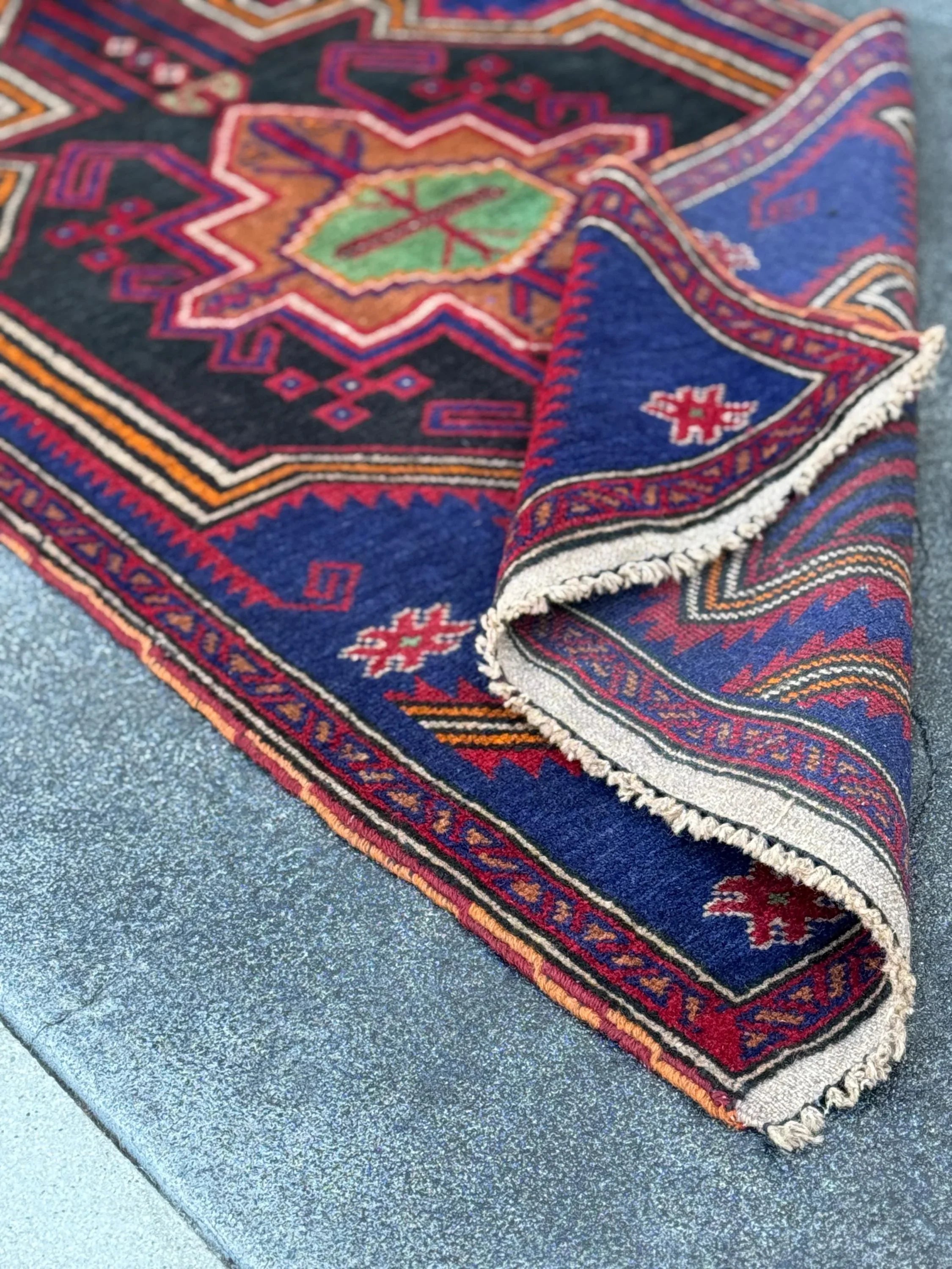 3x5 (91x152) Handmade Vintage Afghan Baluch Rug | Navy Blue Blood Crimson Red Cream White Orange Tan Pine Green Black | Wool Geometric