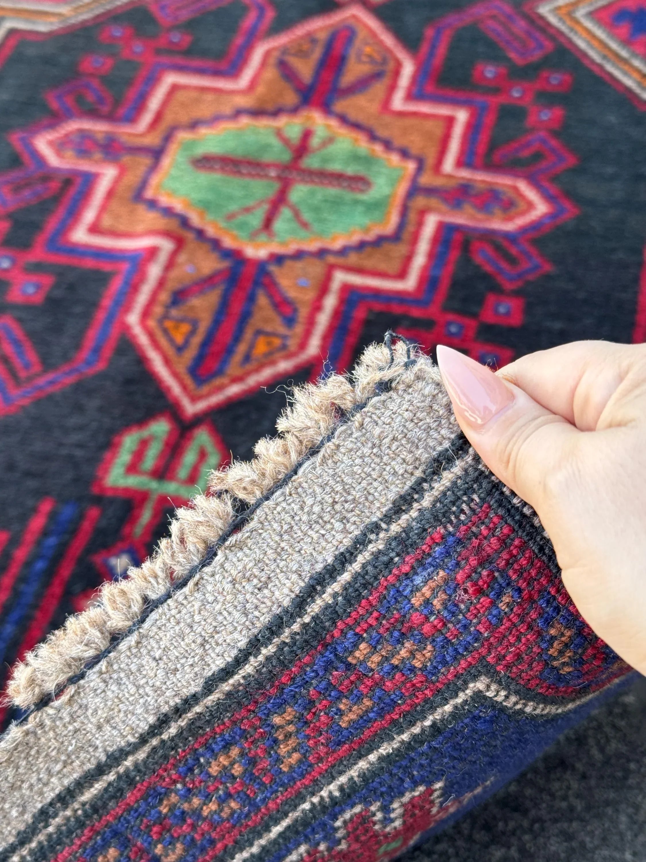 3x5 (91x152) Handmade Vintage Afghan Baluch Rug | Navy Blue Blood Crimson Red Cream White Orange Tan Pine Green Black | Wool Geometric