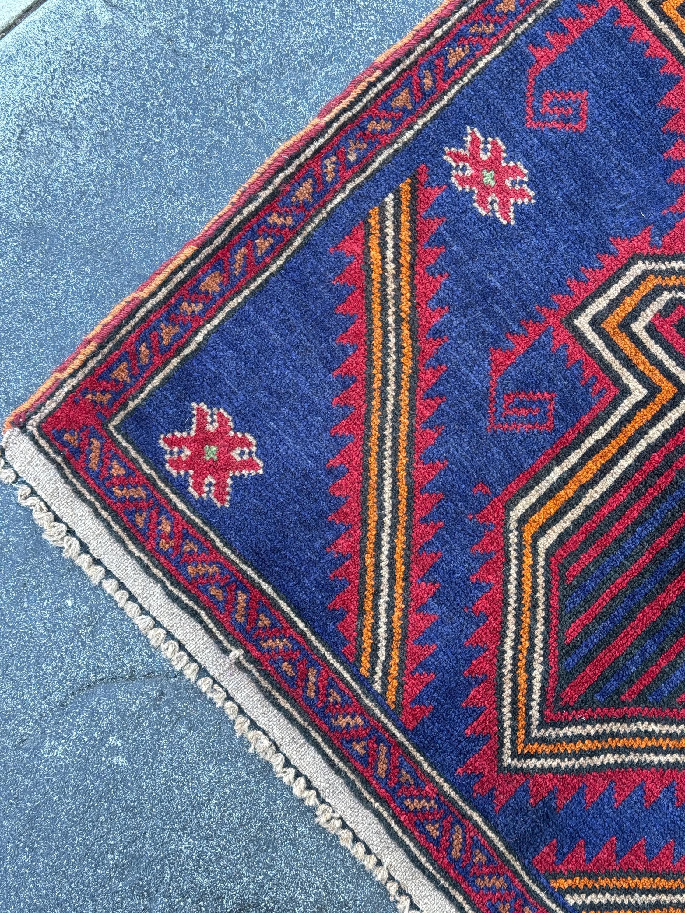 3x5 (91x152) Handmade Vintage Afghan Baluch Rug | Navy Blue Blood Crimson Red Cream White Orange Tan Pine Green Black | Wool Geometric