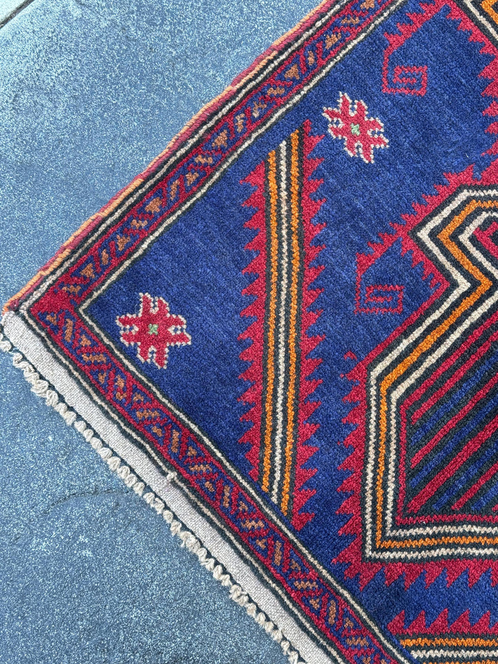 3x5 (91x152) Handmade Vintage Afghan Baluch Rug | Navy Blue Blood Crimson Red Cream White Orange Tan Pine Green Black | Wool Geometric