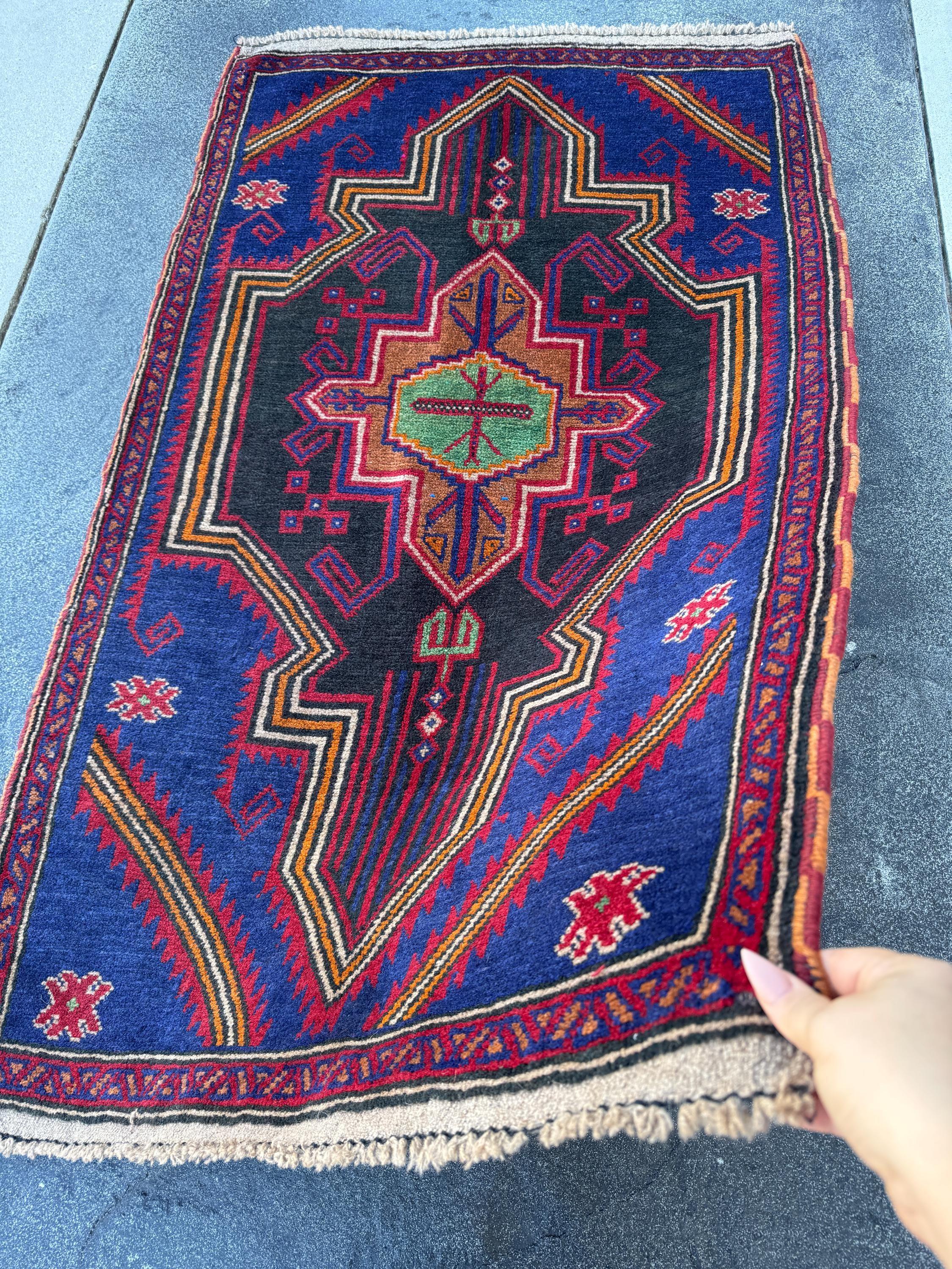3x5 (91x152) Handmade Vintage Afghan Baluch Rug | Navy Blue Blood Crimson Red Cream White Orange Tan Pine Green Black | Wool Geometric