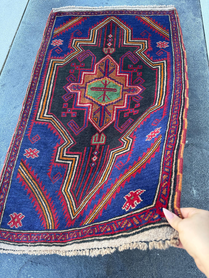 3x5 (91x152) Handmade Vintage Afghan Baluch Rug | Navy Blue Blood Crimson Red Cream White Orange Tan Pine Green Black | Wool Geometric