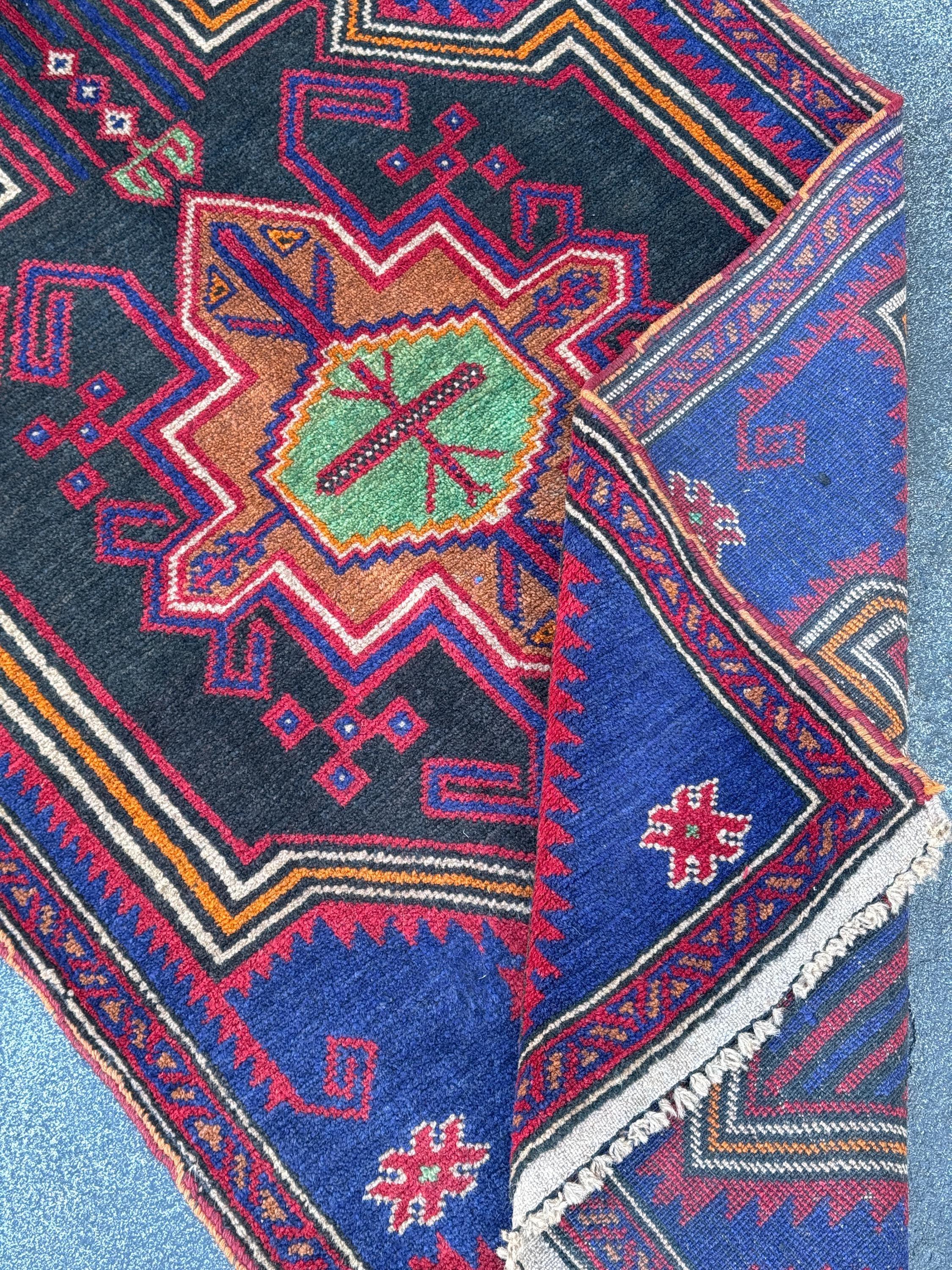 3x5 (91x152) Handmade Vintage Afghan Baluch Rug | Navy Blue Blood Crimson Red Cream White Orange Tan Pine Green Black | Wool Geometric