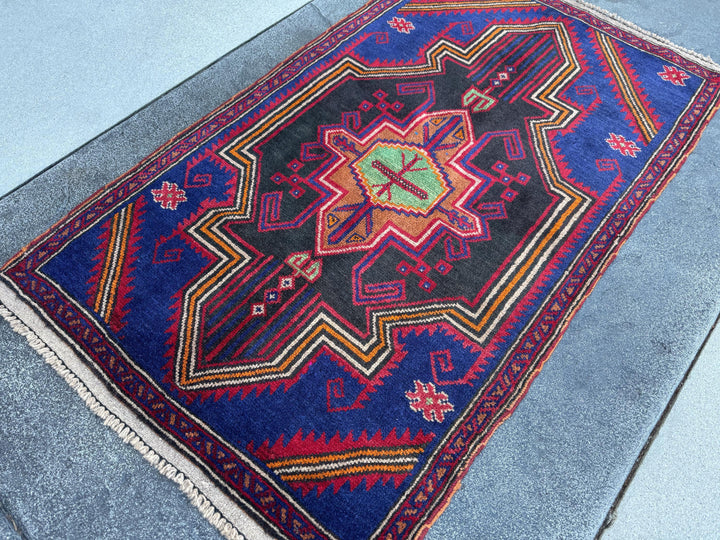 3x5 (91x152) Handmade Vintage Afghan Baluch Rug | Navy Blue Blood Crimson Red Cream White Orange Tan Pine Green Black | Wool Geometric