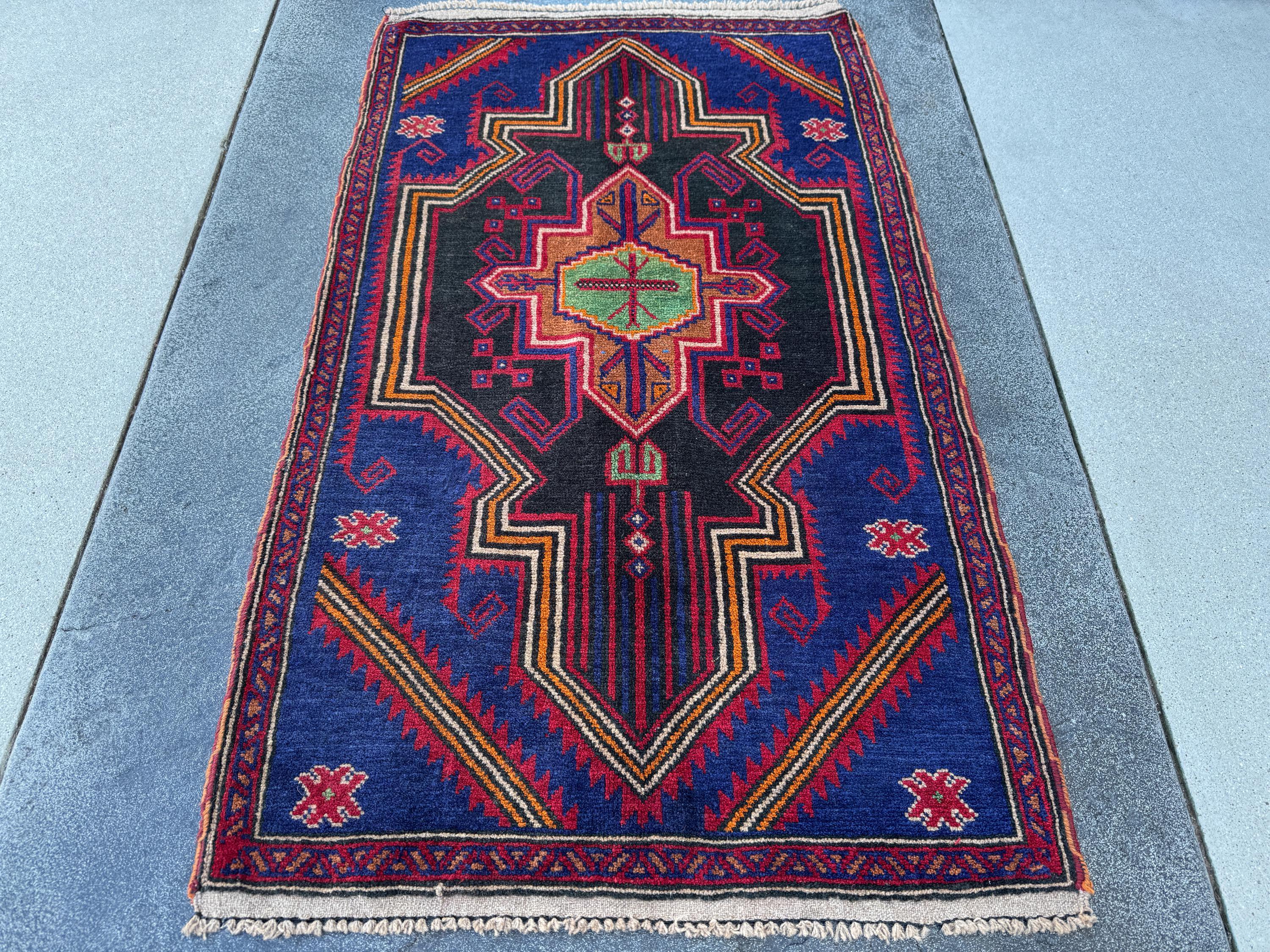 3x5 (91x152) Handmade Vintage Afghan Baluch Rug | Navy Blue Blood Crimson Red Cream White Orange Tan Pine Green Black | Wool Geometric