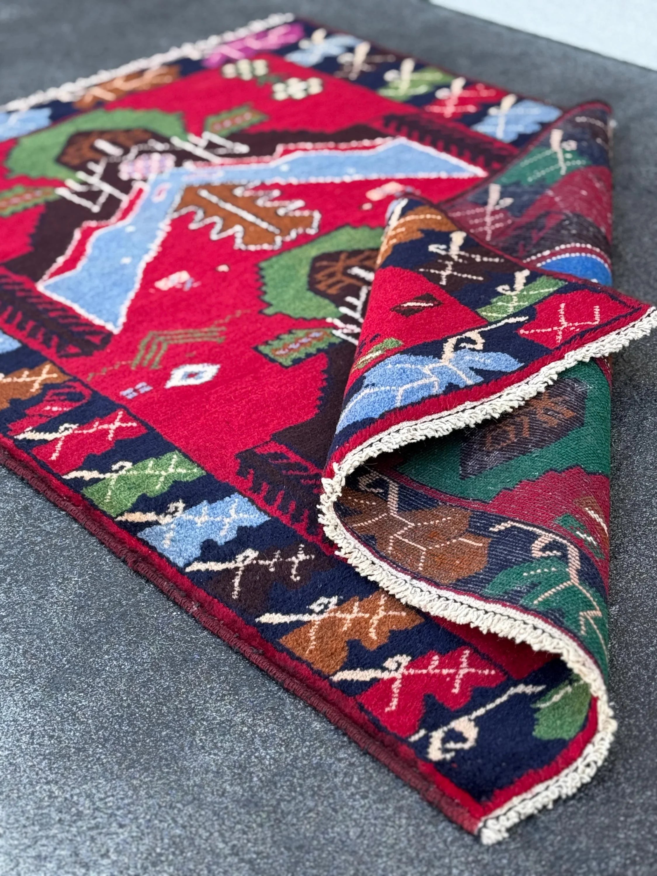 3x4 (91x121) Handmade Vintage Afghan Baluch Rug | Crimson Scarlet Red Sky Denim Blue Pine Moss Green Caramel Brown Rust Orange Black Cream