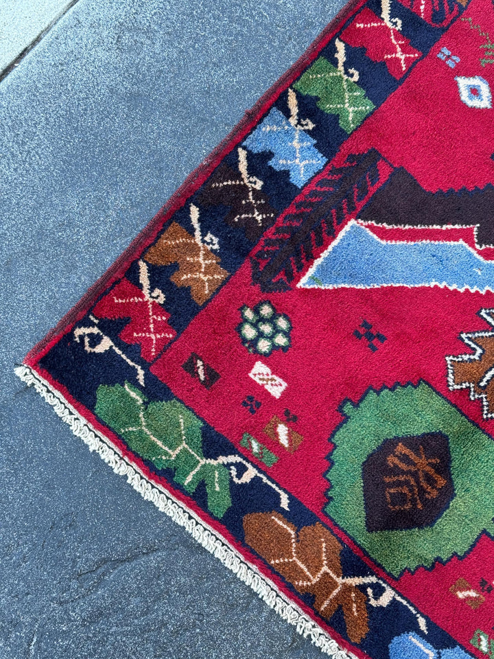 3x4 (91x121) Handmade Vintage Afghan Baluch Rug | Crimson Scarlet Red Sky Denim Blue Pine Moss Green Caramel Brown Rust Orange Black Cream