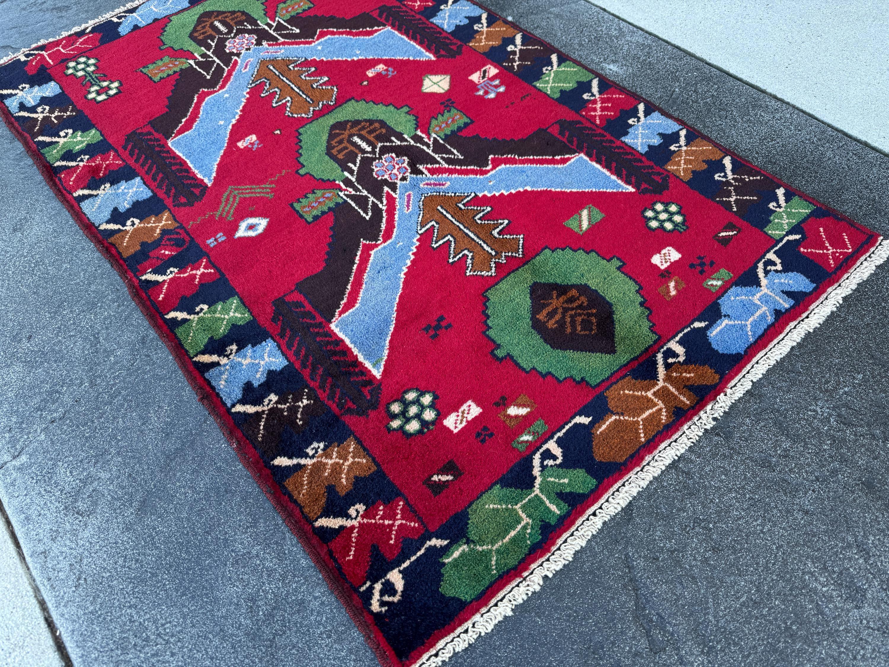 3x4 (91x121) Handmade Vintage Afghan Baluch Rug | Crimson Scarlet Red Sky Denim Blue Pine Moss Green Caramel Brown Rust Orange Black Cream
