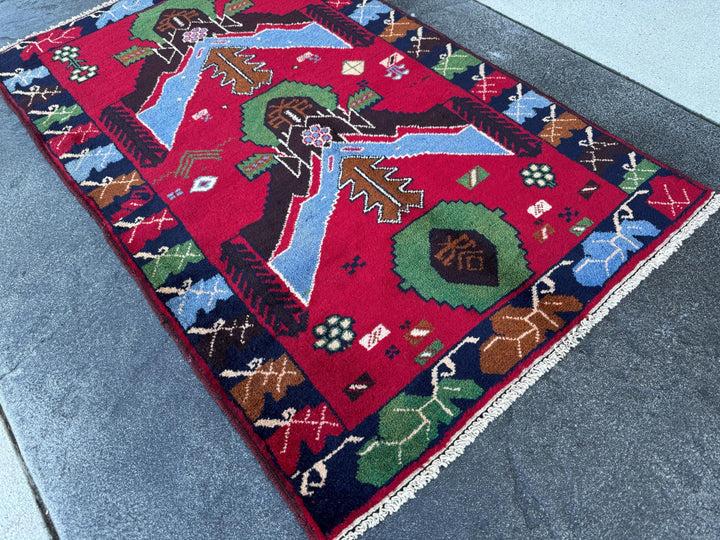 3x4 (91x121) Handmade Vintage Afghan Baluch Rug | Crimson Scarlet Red Sky Denim Blue Pine Moss Green Caramel Brown Rust Orange Black Cream