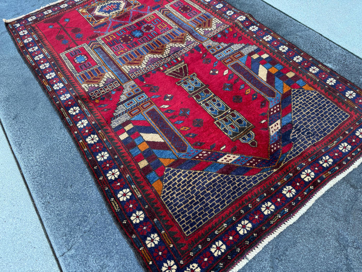 3x5 (91x152) Handmade Vintage Afghan Baluch Rug | Crimson Blood Burgundy Red Cream White Denim Navy Midnight Blue Orange Tan | Wool