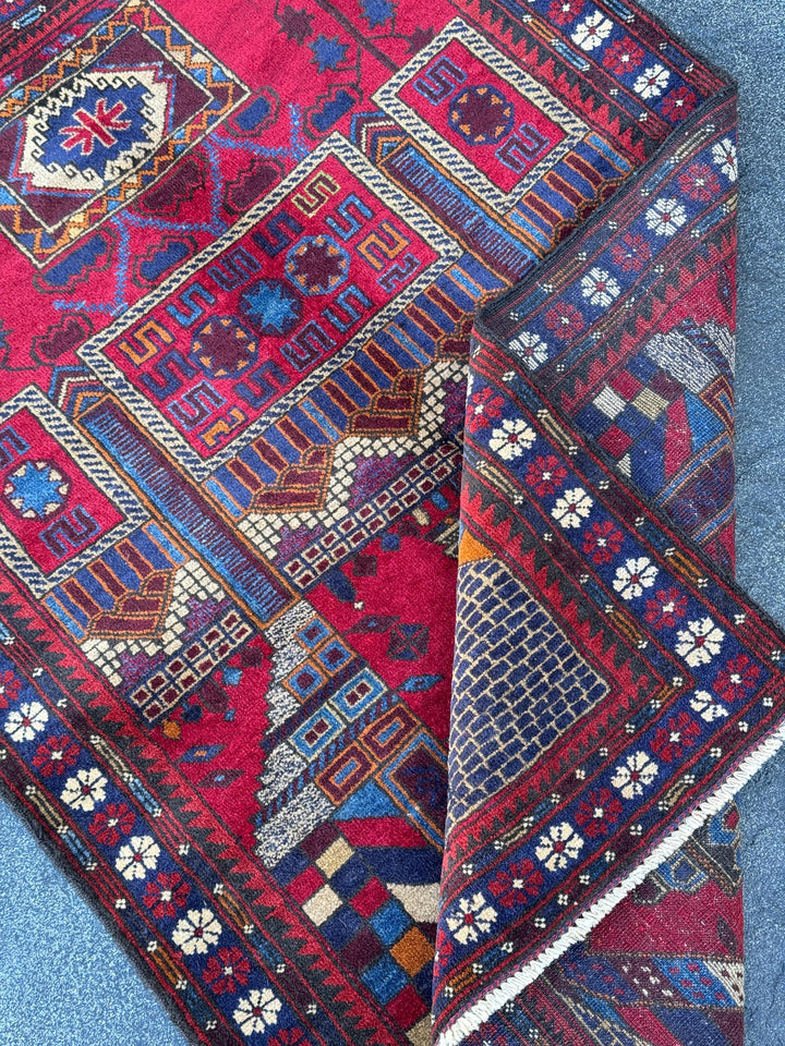 3x5 (91x152) Handmade Vintage Afghan Baluch Rug | Crimson Blood Burgundy Red Cream White Denim Navy Midnight Blue Orange Tan | Wool