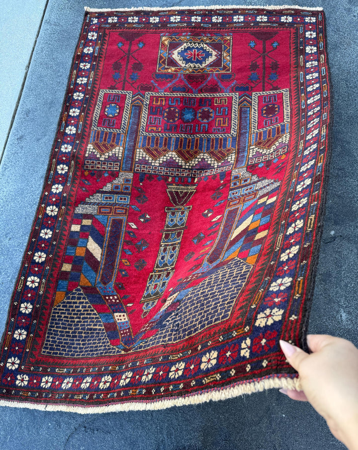 3x5 (91x152) Handmade Vintage Afghan Baluch Rug | Crimson Blood Burgundy Red Cream White Denim Navy Midnight Blue Orange Tan | Wool