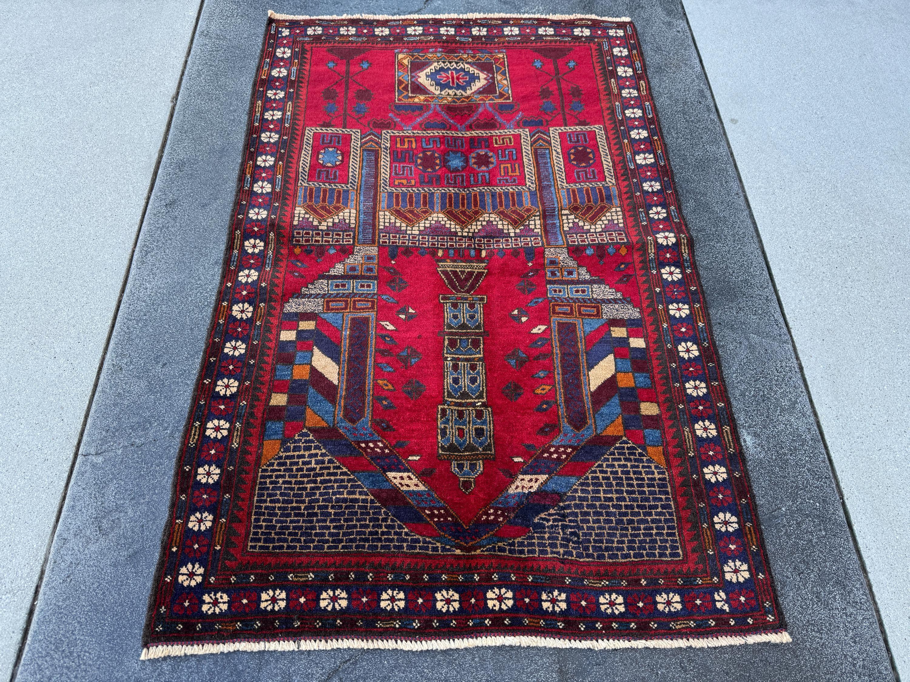 3x5 (91x152) Handmade Vintage Afghan Baluch Rug | Crimson Blood Burgundy Red Cream White Denim Navy Midnight Blue Orange Tan | Wool