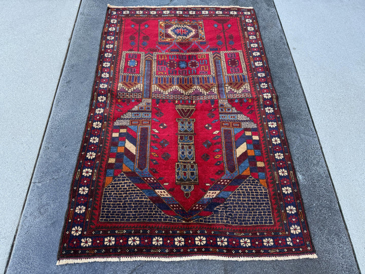 3x5 (91x152) Handmade Vintage Afghan Baluch Rug | Crimson Blood Burgundy Red Cream White Denim Navy Midnight Blue Orange Tan | Wool