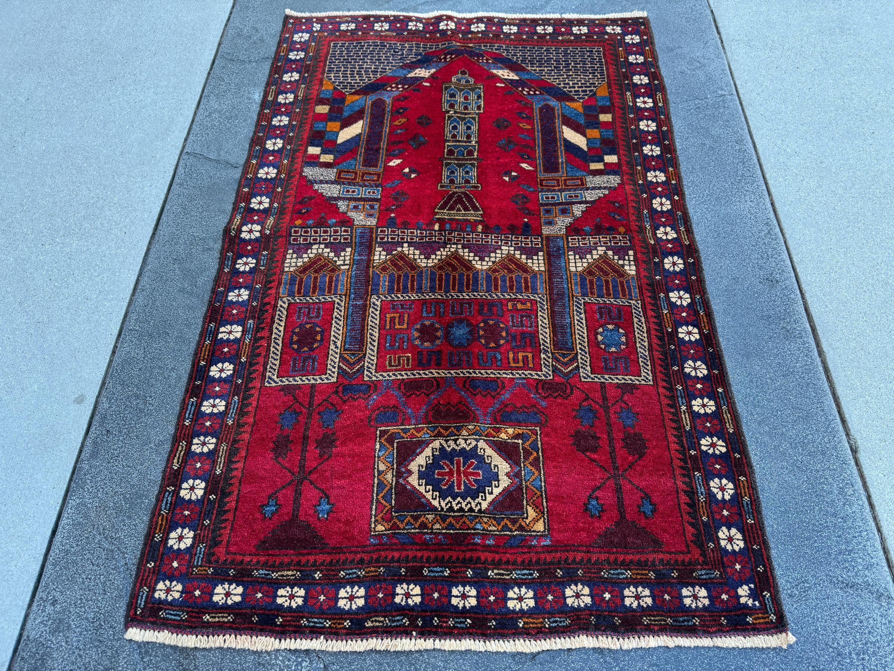 3x5 (91x152) Handmade Vintage Afghan Baluch Rug | Crimson Blood Burgundy Red Cream White Denim Navy Midnight Blue Orange Tan | Wool