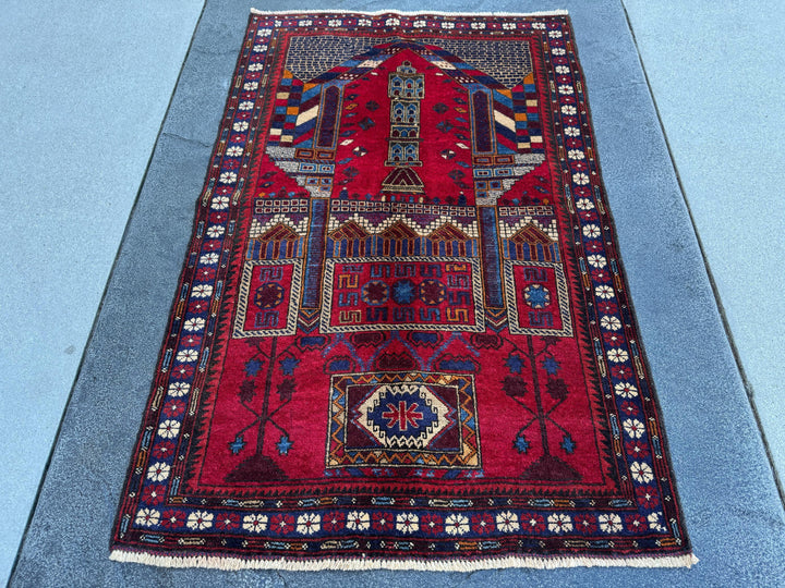 3x5 (91x152) Handmade Vintage Afghan Baluch Rug | Crimson Blood Burgundy Red Cream White Denim Navy Midnight Blue Orange Tan | Wool