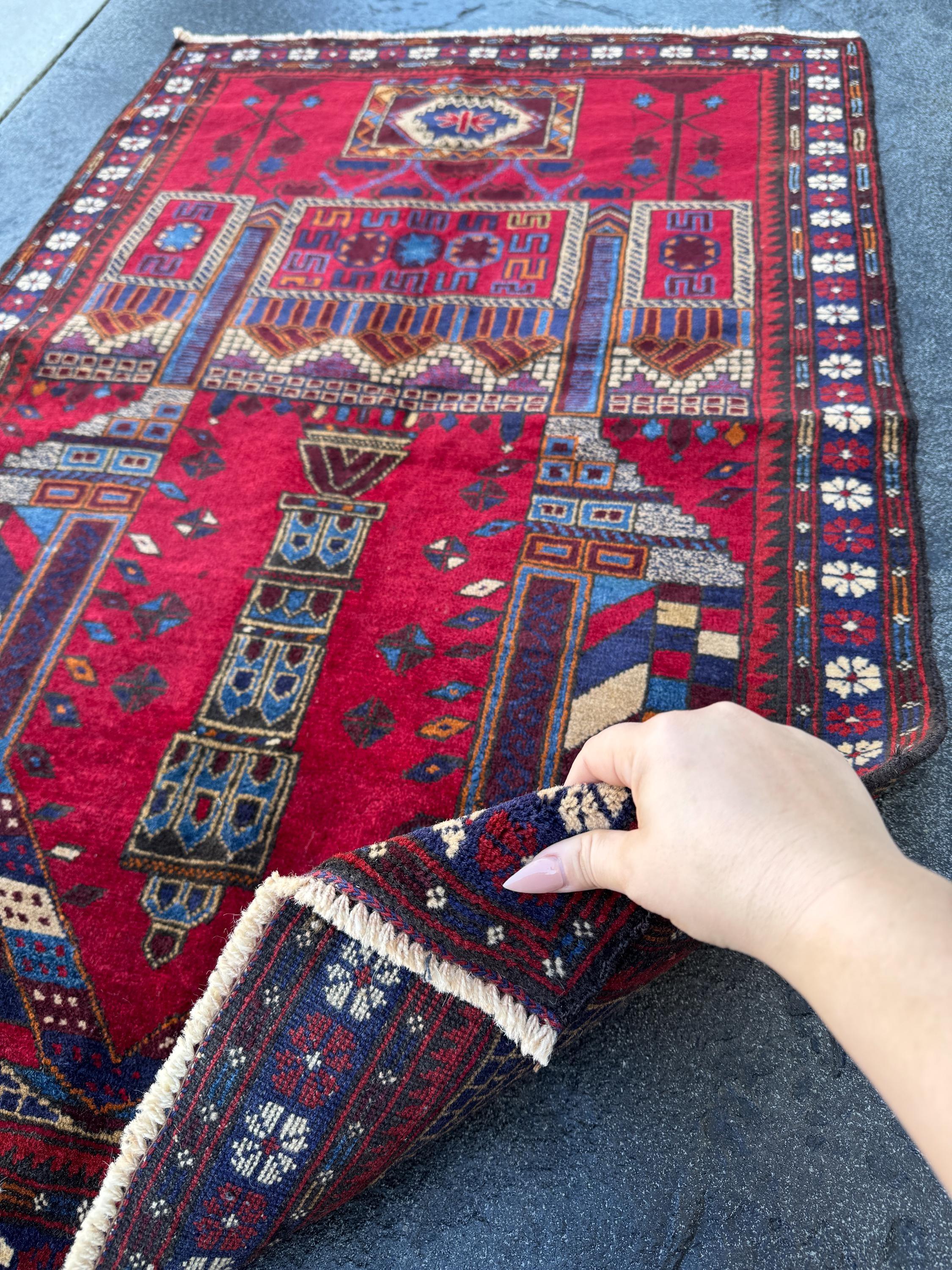 3x5 (91x152) Handmade Vintage Afghan Baluch Rug | Crimson Blood Burgundy Red Cream White Denim Navy Midnight Blue Orange Tan | Wool