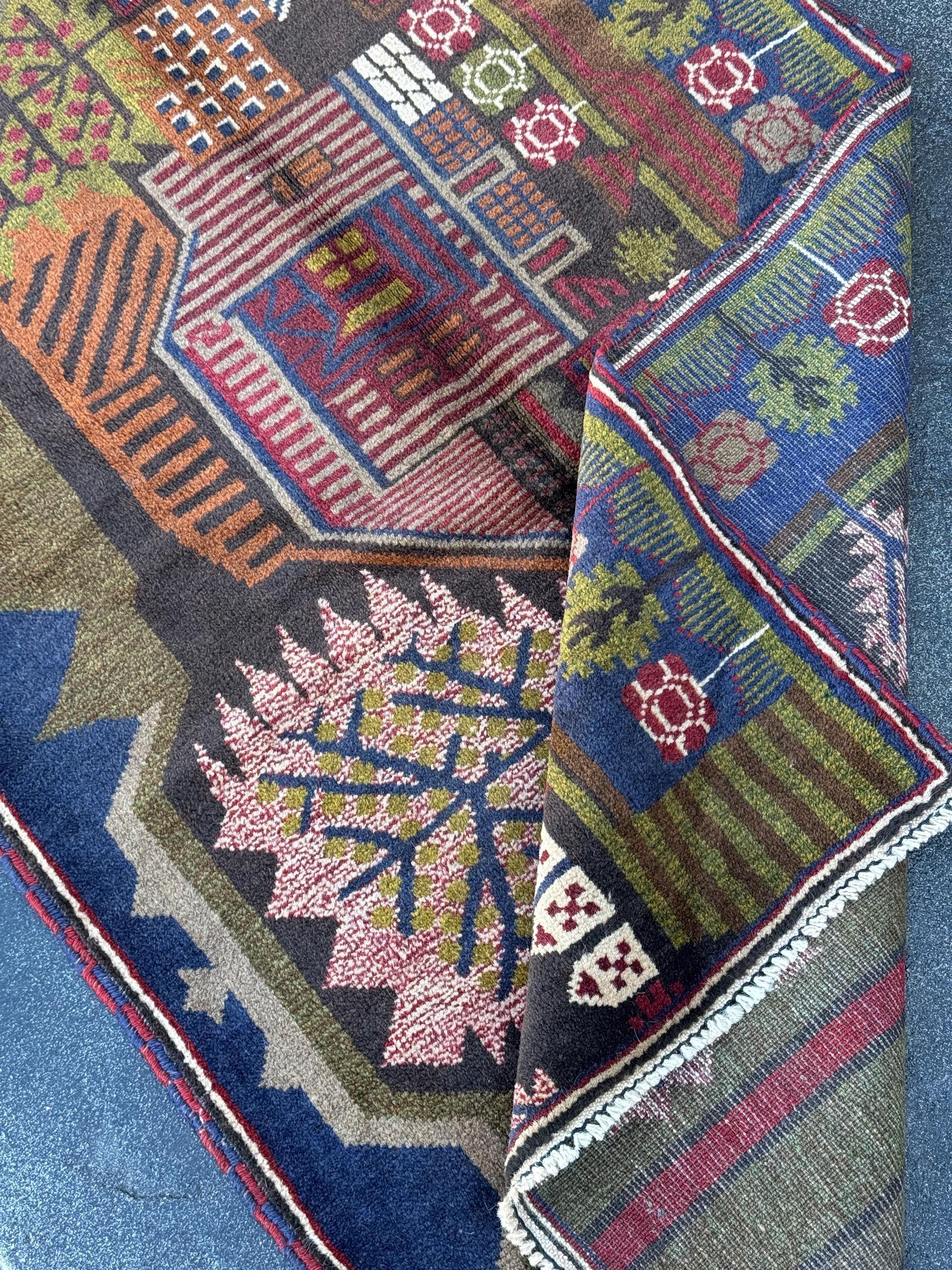 3x4 (91x121) Handmade Vintage Afghan Baluch Rug | Moss Olive Green Blood Brick Red White Cream Rust Orange Navy Blue Black Brown | Wool