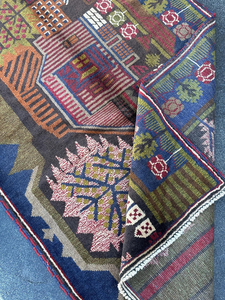 3x4 (91x121) Handmade Vintage Afghan Baluch Rug | Moss Olive Green Blood Brick Red White Cream Rust Orange Navy Blue Black Brown | Wool