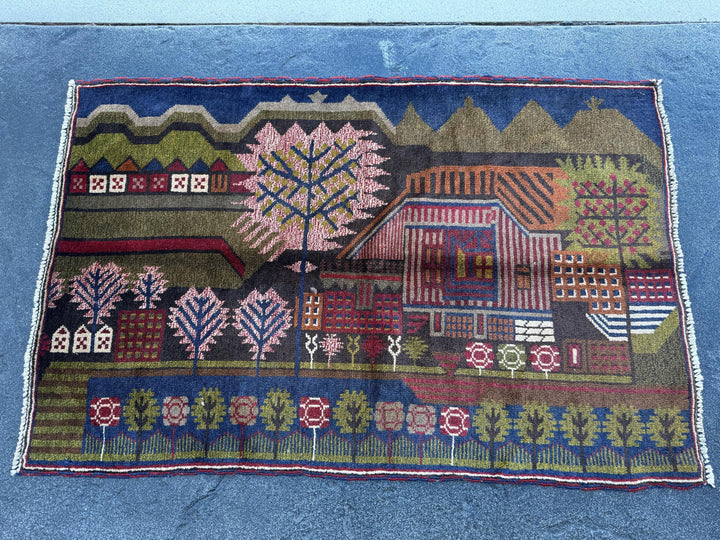 3x4 (91x121) Handmade Vintage Afghan Baluch Rug | Moss Olive Green Blood Brick Red White Cream Rust Orange Navy Blue Black Brown | Wool