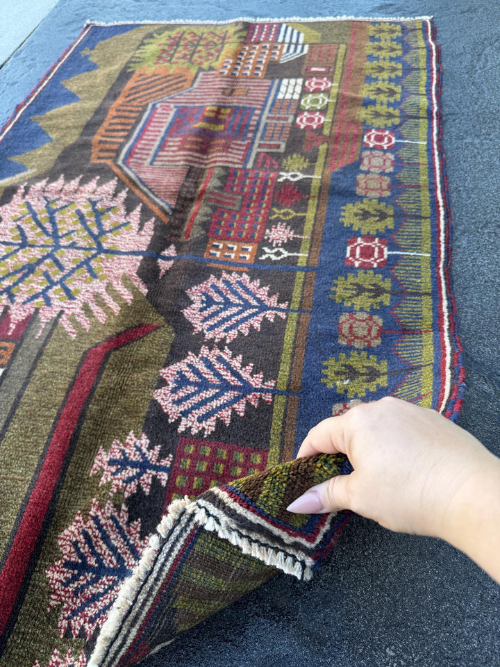 3x4 (91x121) Handmade Vintage Afghan Baluch Rug | Moss Olive Green Blood Brick Red White Cream Rust Orange Navy Blue Black Brown | Wool