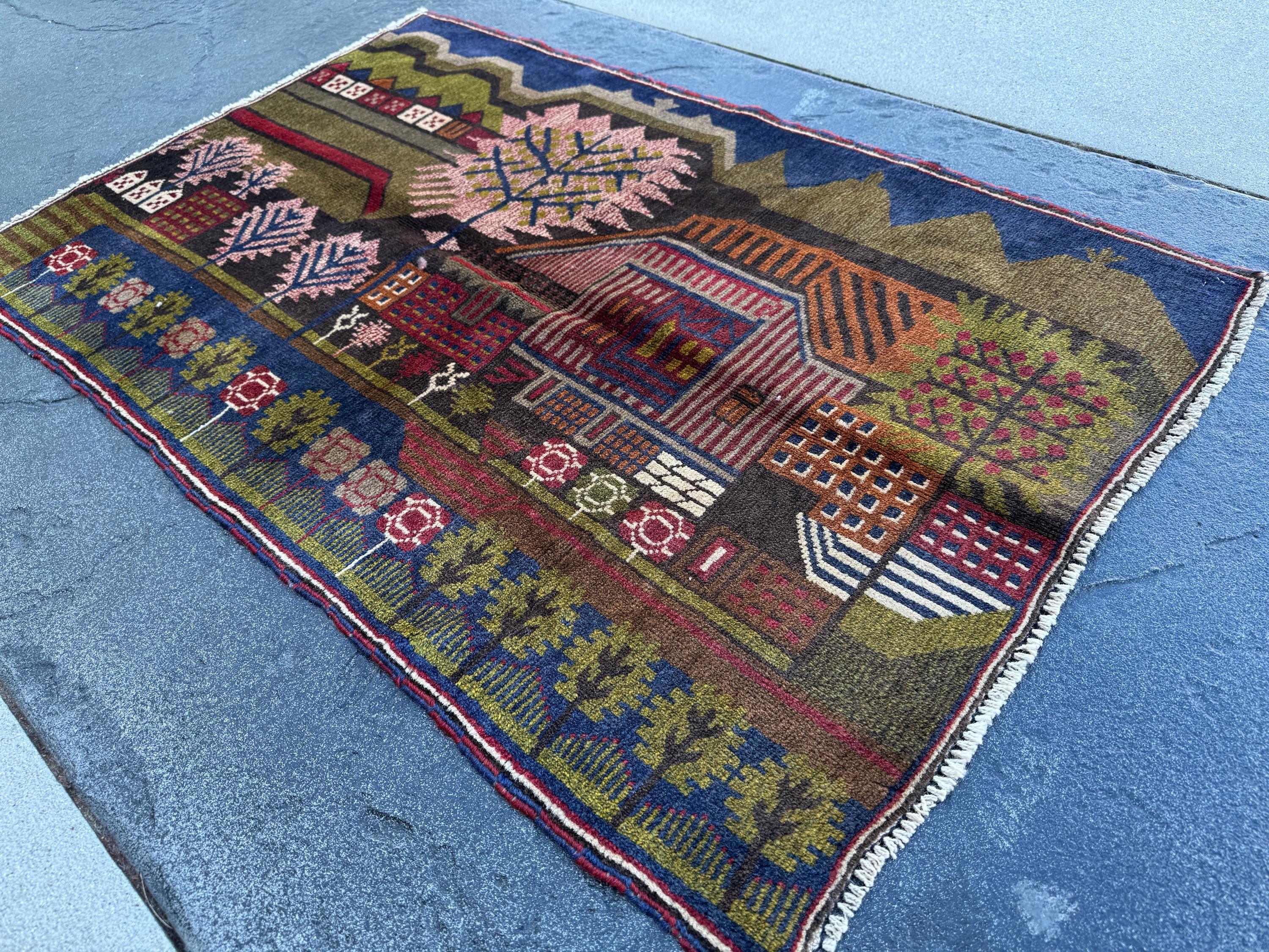 3x4 (91x121) Handmade Vintage Afghan Baluch Rug | Moss Olive Green Blood Brick Red White Cream Rust Orange Navy Blue Black Brown | Wool
