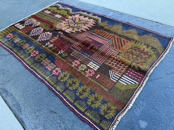 3x4 (91x121) Handmade Vintage Afghan Baluch Rug | Moss Olive Green Blood Brick Red White Cream Rust Orange Navy Blue Black Brown | Wool