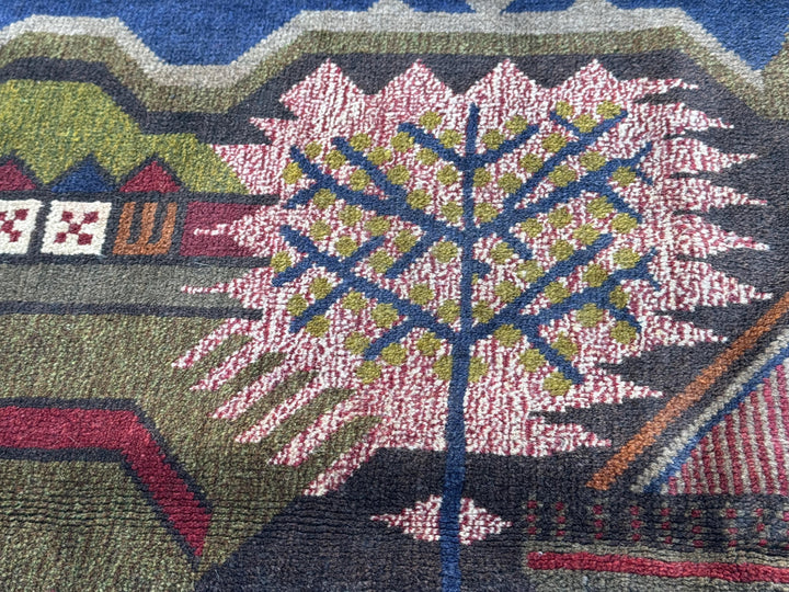 3x4 (91x121) Handmade Vintage Afghan Baluch Rug | Moss Olive Green Blood Brick Red White Cream Rust Orange Navy Blue Black Brown | Wool